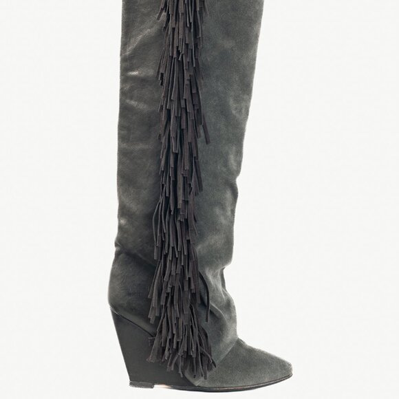 Isabel Marant Manly Anthracite Leather & Suede Fringe Knee-High Wedge Boots - Picture 1 of 9